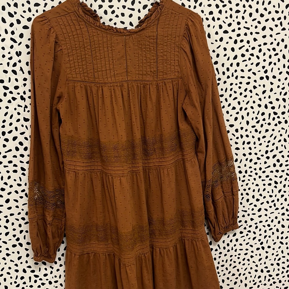 BROWN MINI LONG SLEEVE DRESS WITH TEXTURE
